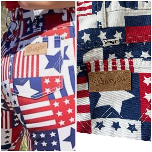 NWT Wrangler Hig Rise Boot Retro American Flag Patchwork Flare Pants 29/32 - Picture 9 of 16